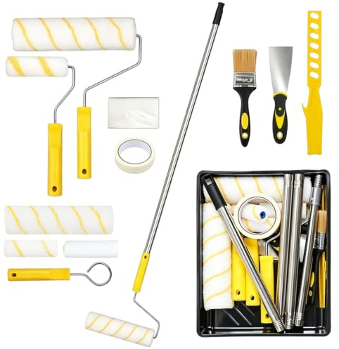 zxevg Paint Roller Set 18PCS with Extension Pole | Complete roller set with tray, brushes, 9&4 inch frames & sleeves for walls & ceilings. Extendable pole for easy painting