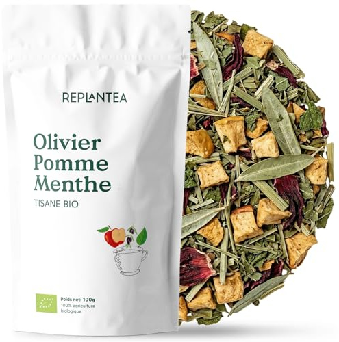 Infusion Feuilles d'Olivier, Pomme & Menthe Bio 100g | Tisane Méditerranéenne avec Hibiscus | Tension & Bien-être Cardiaque | REPLANTEA