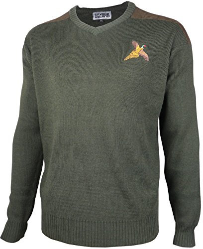 Savage Island Fasan gestickter Pullover aus Wolle mit V-Ausschnitt Jagd