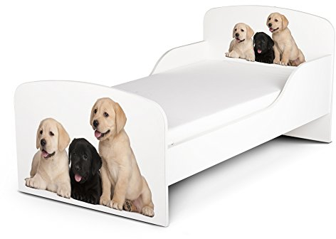 Leomark Funktionsbett aus Holz - Schöne Hunde - Kinderbett mit Matratze, Holzbett mit Seitenschutz Lattenrost, Komplett Set für Kinderzimmer, Liegefläche 70/140 cm, UV-Druck