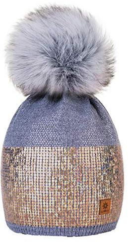 4sold Damen Wurm Winter Style Beanie Strickmütze Mütze mit Fellbommel Bommelmütze Hat Ski Snowboard Pelz Bommel Pompon Kleine Kristalle Sequins Crystals (Grau)