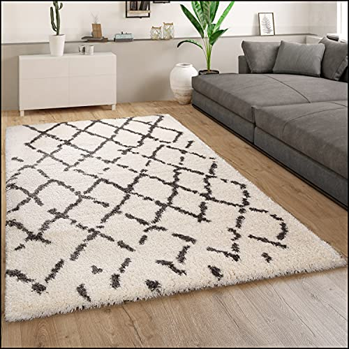 Paco Home Tapis Poils Longs Moelleux Moderne Shaggy Style Flokati Motif Losange Blanc Gris, Dimension:160x230 cm
