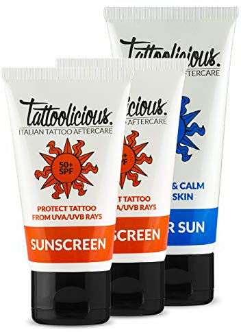Tattoolicious COMBO SUN PLUS - SUNSCREEN 50+SPF Crema solar para tatuajes, 150 ml (2 tubos de 75 ml) + AFTER SUN Después del sol para tatuaje, 100 ml