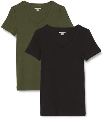Amazon Essentials Camiseta de Cuello en Pico de Manga Corta y Ajuste Entallado Mujer, Pack de 2, Verde Oliva Oscuro/Negro, XL