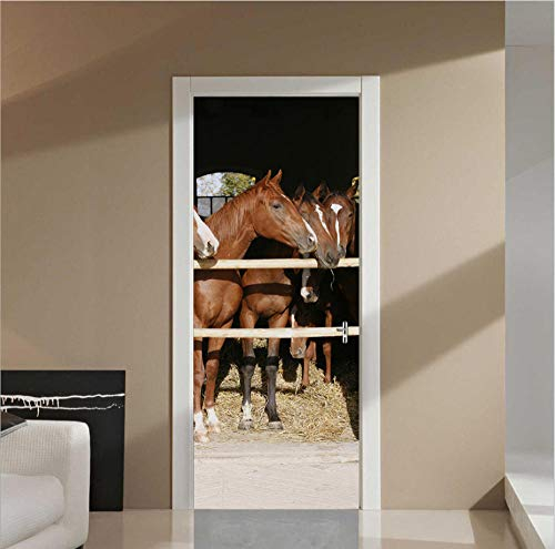 PinchPIPI 3D Türaufkleber Pferde Thema Türbild Stabil PVC Selbstklebende Innentüren Türfolie wasserdichte Abnehmbare für Schlafzimmer Wohnzimmer Dekoration Wandbild 77x200cm