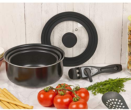 Black 5 Piece Saucepan Pots Cookware Set - Easily Stacks and Saves Space in Cabinet- Detachable Handles - Works on Induction - Pressed Aluminium with Non-Stick Coating
