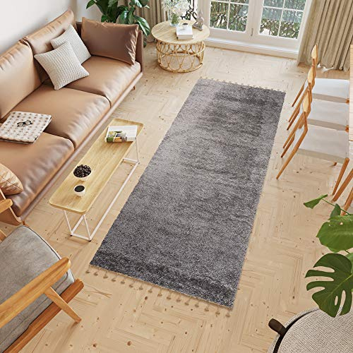 TAPISO Versay Fransen Teppich Läufer Shaggy Hochflor Langflor Modern Einfarbig Design Dunkelgrau Wohnzimmer Schlafzimmer Küche ÖKOTEX 70 x 400 cm