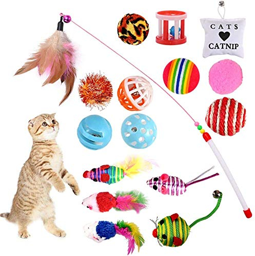GOLDGE Jouets Chat Interactif, 16 pièces Jouets Chat, Souris, Balles, Baguettes de Plumes pour Kitty interactifs