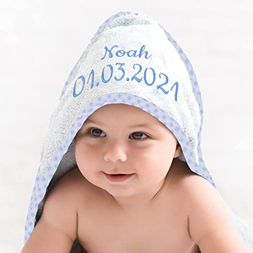 Kapuzenhandtuch Bestickt mit Name, Geburtsdatum oder Wunschtext, 100% Baumwolle - ÖkoTex geprüft, Babyhandtuch extra weich, für Mädchen und Jungen - hellblau