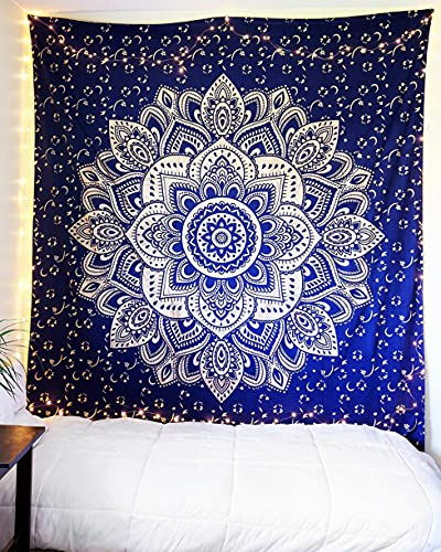 raajsee Indisch Wandteppich Mandala blaues Gold, Boho WandDeko, Aesthetic Room Décor, Wandtuch Mandala, Wandbehang Psychedelic 208X232 CM