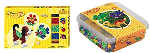 Hama Perlen 8712 Geschenkbox mit ca. 900 bunten Maxi Bügelperlen mit Durchmesser 10 mm & 8742 Box Dinosaurier mit ca. 600 bunten Maxi Bügelperlen mit Durchmesser 10 mm, Stiftplatte in transparent