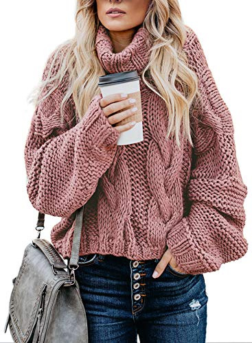 Dokotoo Womens Sweaters Turtleneck Cable Knit Chunky Fall Outfits Pink M