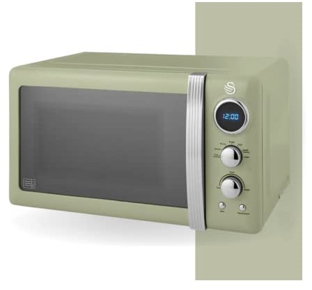 Swan SM22030LGN Retro LED Digital Microwave with Glass Turntable, 5 Power levels & Defrost Setting, 20L, 800W, Green