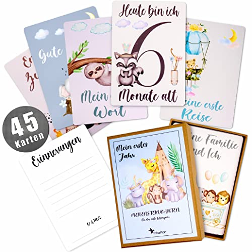 Pikaflor 45 Meilensteinkarten Baby Junge (handgemalte Tiere Deutsch) Meilenstein Karten Set mit Geschenkbox + Schönes Geschenk zur Geburt, Taufe & Babyparty