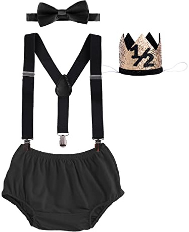 Baby Boy 1/2 Birthday Cake Smash Outfit Diaper Cover+Suspenders+Bow Tie+Crown Gentlemen Boys Suits Half Way To One Birthday Gift Baby Shower Newborn Photography Clothes Set # Black 6-12 Months