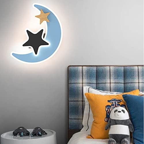 Moderne Babyzimmer Wandleuchte Holz Kinderzimmerlampe LED Dimmbar Kinderzimmer Wandlampe Innen 11W Moderne kreativ Stern und Mond Schlafzimmer Nachttischlampe Für Madchen Junge Wandbeleuchtung (B1)