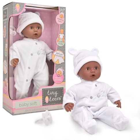 John Adams Tiny Tears Baby Soft Doll 15 (38 cm) - Black/Dark Skin | Soft Bodied Baby with Closing Eyes & Dummy | Deluxe White Outfit | Cuddly First Doll Set | Toy for Toddlers Age 10 Months+