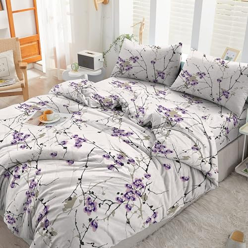 Cotton Comfort Bedding & Linen 3-Piece Double Duvet Cover Set - 100% Egyptian Cotton, 400 Thread Count, Floral Printed Exotic Lilac Duvet Cover with 2 Pillow Cases