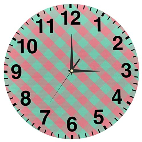Orologio da parete a quadri rosa e verde con motivo a quadri da 10 pollici senza ticchettio orologi rotondi silenziosi a batteria per cucina, soggiorno, bagno, camera da letto, ufficio