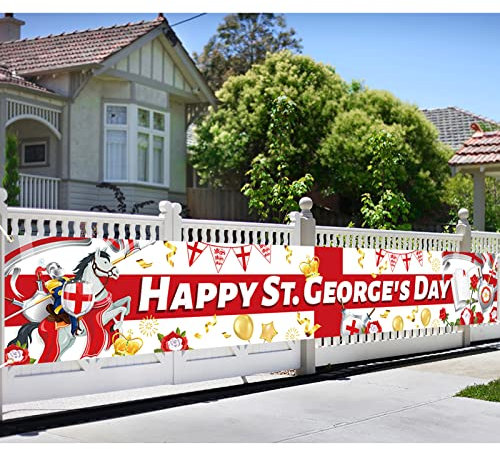 DPKOW Happy St. George's Day Banner - England National Day Decorations, Red White St George Flag Backdrop for Patriotic Party, 270*40cm