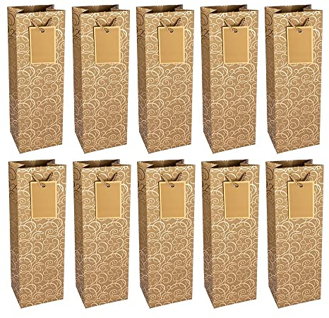 Ideen mit Herz Lot de 10 sacs cadeaux pour bouteilles - 36 x 12 x 10 cm - Idéal pour offrir du vin, du champagne et du champagne (doré, ornements métalliques)