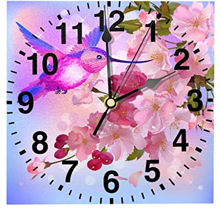 Orologio da parete quadrato con colibrì e fiori di pesca rosa, 20 cm, funzionamento a batteria, al quarzo, silenzioso, per cucina, soggiorno, camera da letto, ufficio