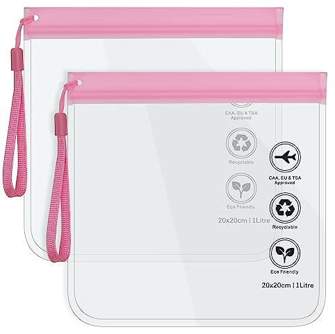 4 PC Pink Clear Travel Toiletry Bag - Airport Security Liquids Bags, Airport Liquid Bag 20 x 20cm TSA Approved, Travel Accessories Makeup Bags Holiday Essentials Luggage for Men Women