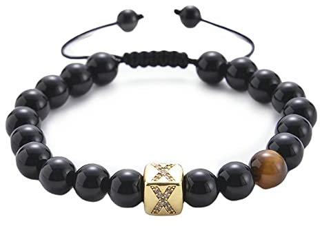 Gualiy Perlen Armband Männer, 8mm Stein Armband mit Buchstabe X, Verstellbar Armband Herren 20.8CM