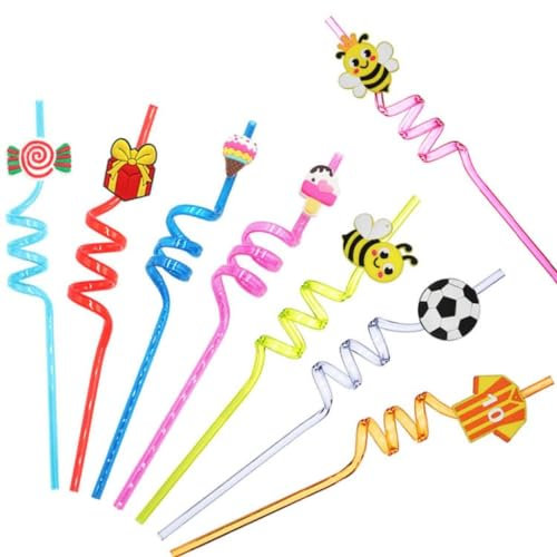 Lot de 8 pailles réutilisables en plastique - Motif animal bouclés - Pour fête d'anniversaire - Accessoires de fête - Bleu