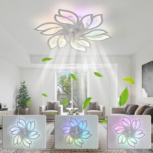 Luyaim RGB Flor Ventilador De Techo Con Luz Y Mando A Distancia Reversible Silencioso DC Motor Dormitorio Lámpara De Techo Con Ventilador Salón Dimmable Plafon Led Ventilador Diseño, 6 Velocidades