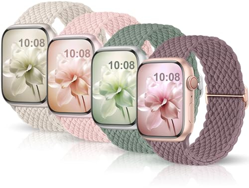 4 Pack Braided Strap Compatible for Apple Watch Straps 40mm 41mm 38mm 42mm 44mm 45mm 46mm 49mm, Breathable Stretchy Elastic Sport Loop for iWatch Series 10 9 8 7 6 5 4 3 2 1 SE Ultra for Women Men