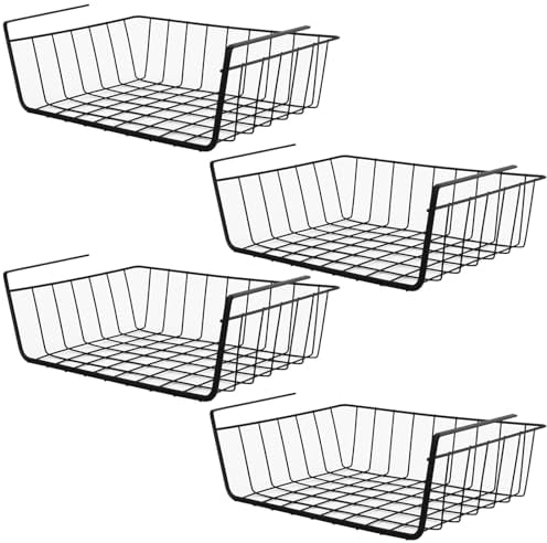 JIEHIN 4 unidades de cestas de almacenamiento para debajo de la estantería, cesta colgante de metal, cesta colgante de metal, color negro, para cocina, oficina, despensa, baño, armario