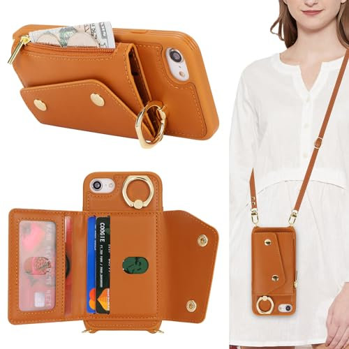 Lipvina Cover per iPhone 7/8/SE 2020/SE 2022 con cordino Porta Carte Custodia iPhone 7/8/SE 2020/SE 2022 con cerniera cordino Ring portafoglio donna - Marrone
