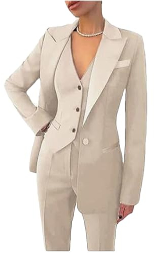 Botong Damen 3-teiliges Büro-Arbeitsanzug, Blazer, Weste, Hose, Business-Outfits, Hosenanzug, Set, Abschlussball, Partyanzug, beige, Small