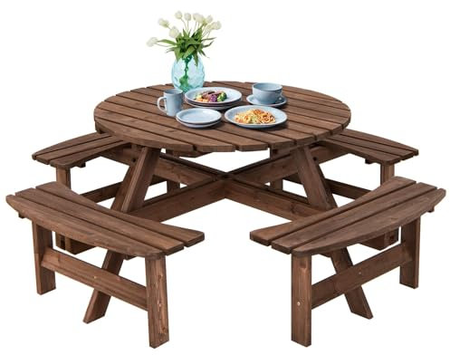 GOPLUS Table Pique-Nique Extérieur 8 Personnes, Table à Manger Jardin Ronde pour Patio avec 4 Bancs Intégrés, Trou Parasol 5 cm, pour Jardin, Terrasse, Parc, Charge 100+250KG*4