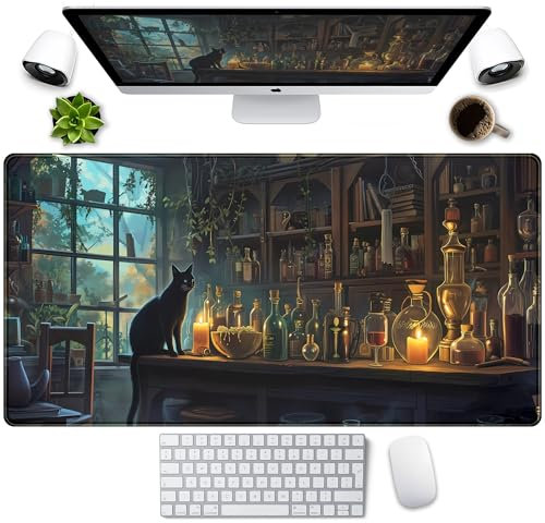Cute Kawaii Cat Desk Mat XXL Large Gaming Mouse Pad Anime Cats Desk Pad, Vintage Computer Mat for Women Office Desk Decor Pad Gamer Gift, Laptop Keyboard Mouse Mat with Stitched Edges 31.5x15.75 in
