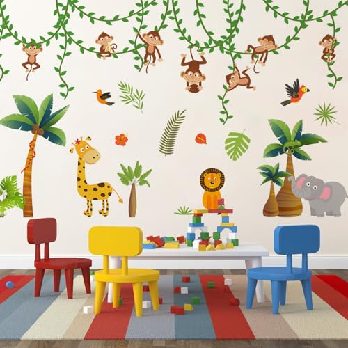 Wandtattoo Kinderzimmer - Wandsticker Tiere Affe Giraffe Elefant Löwe - Wandtattoo Babyzimmer Mädchen Junge - Wandsticker für Kindergarten und Zuhause - Wandtattoos Kinderzimmer Dekoration