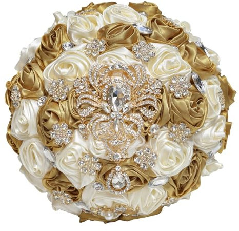 HDKAH Bouquet da sposa per sposa, damigella d'onore, bouquet bianco puro con perle e nastro con rose quinceanera bouquet da sposa per decorazione chiesa matrimonio (18 cm) (oro chiaro + latte)