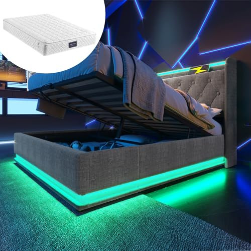 Polsterbett Doppelbett 140x200, LED Jugendbett Hydraulisch Stauraumbett Funktionsbett Bettgestell mit Stauraum & Lattenrost, Kopfteil mit USB Typ-C Ladefunktion & Staufach, Leinen, Mit Matratze, Grau