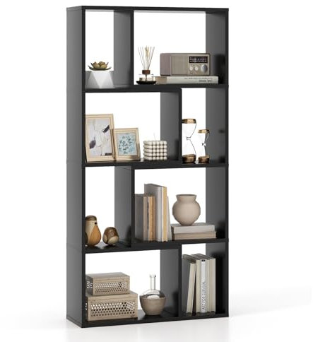 COSTWAY 8-Cube Geometric Bookshelf, 120cm Wooden Bookcase Storage Rack with Anti-Toppling Device, Freestanding Modern Display Shelving Unit Room Divider for Study Bedroom Living Room (Black)