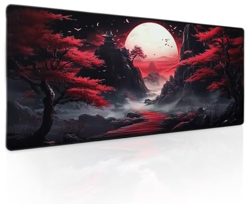 Black Red Japanese Mouse Pad XL Moon Sakura Cherry BLoosm Tree Extended Table Mat 80X30 cm Non-Slip Rubber Base Stitched Edge Large XL Mousepad for Desk Gaming Laptop Desk Top,31.5×11.8 Inch