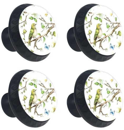 Lot de 4 boutons de tiroir en forme de papillons colorés d'oiseau vert sur branches florales 35 mm Base noire Boutons de commode, portes de placard, poignées de quincaillerie pour cuisine, chambre à