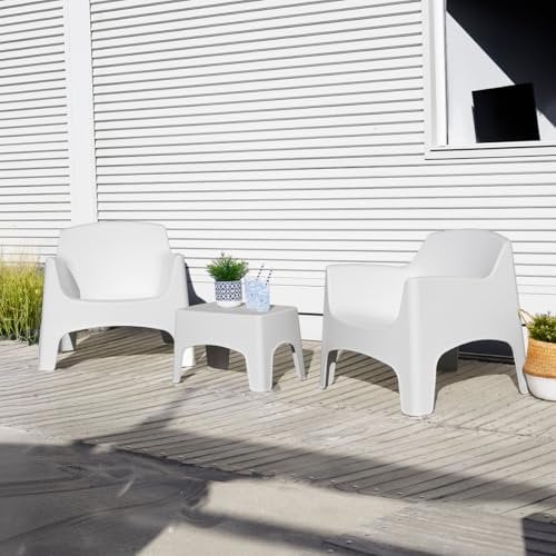 Tomaino - Gartengarnitur Ibiza - Outdoor-Set 2 stapelbare Sessel mit Armlehnen und Tisch aus Kunststoff - Lounge für Balkon, Terrasse und Garten (Weiß)