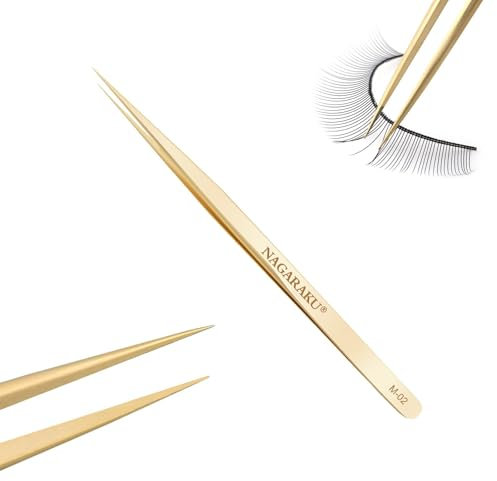 NAGARAKU Pinzas Separadoras Pestañas Alta Precision Aislar Pinzas Profesionales Pinzas Depilar Acero Inoxidable Dorado Ligeras Delgadas Clásicas Multifunción Tweezer con Punta Recta y Aislante (M-02)