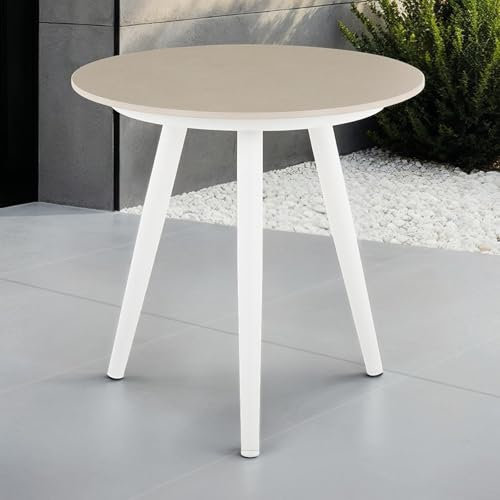 IDIMEX Beistelltisch Rosalia, Weiß/Beige - Kleiner Tisch mit runder Keramik- Platte und Gestell aus Aluminium, robust & wetterfest, In & Outdoor
