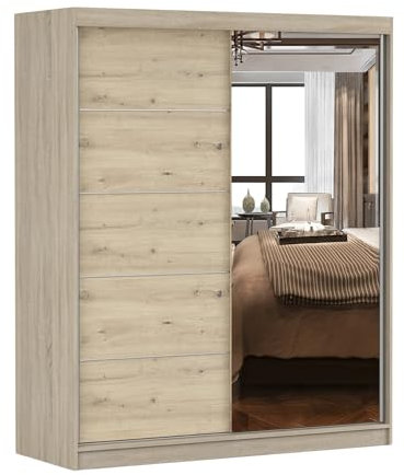 Fabryka Mebli Idźczak Kleiderschrank mit Spiegel - Schwebetürenschrank - Schlafzimmerschrank - 61 x 160 x 195 cm - Schrank für Schlafzimmer, Ankleidezimmer, Wohnzimmer - Sonoma Eiche, Artisan Eiche