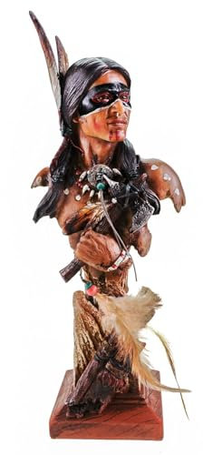 Kremers Schatzkiste Tomahawk Indianerbüste mit Federn - 36 x 14 x 10cm Häuptling Deko Figur Handbemalte Polyresin Statue für Sammler und Liebhaber der Native American Kultur Wilder Westen