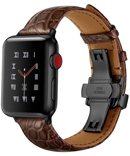Compatibile con Apple Watch Band da 49 mm, 46 mm, 45 mm, 44 mm, 42 mm, 41 mm, 40 mm, 38 mm, chiusura in pelle di alligatore per iWatch Ultra 1 2 Series 10 9 8 7 6 5 SE 4 3 2 1 (marrone/nero, 38 mm/40