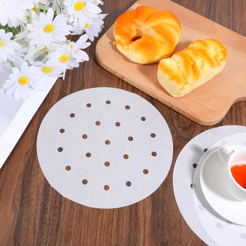 100 Stück Bambus Dampfgarer Papier, 8 Inch Luftfritteuse Papiers Rund Pergament Papier Antihaft Steamer Liner Dim Sum Papiers für Heißluftfritteuse, Dampfgarer(Weiß)