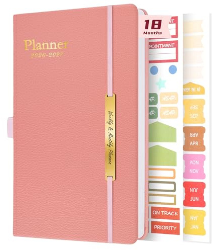 July 2026-Dec 2027 A5 Diary, 18 Month Week to View Planner, Pink Soft Cover | Monthly overviews, habit tracker, appointments, notes, stickers and pen loop help organise work, study, home and daily tasks.